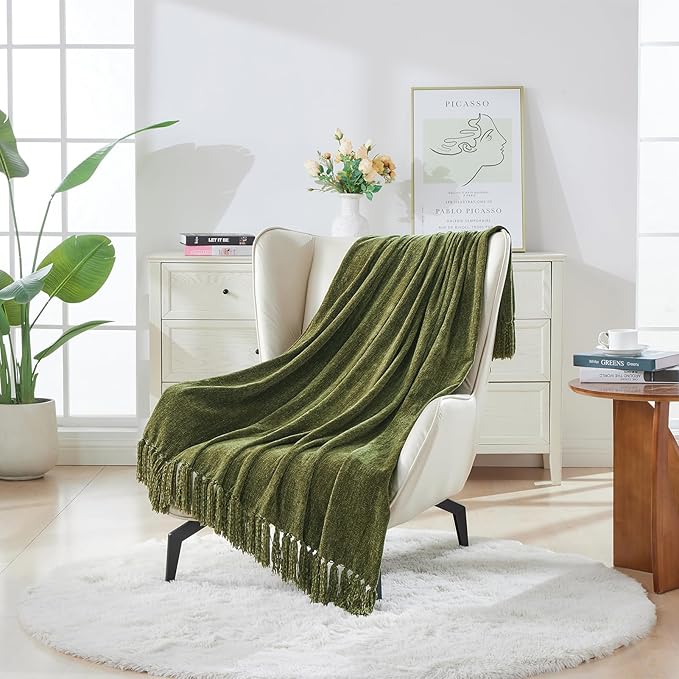 CozeCube Chenille Throw Blanket, Olive Green Fringe Blanket, 60"X80" | For Couch, Cozy Plush Fuzzy Decorative Blanket with Fringe Tassels, Lightweight Throws for Bed Sofa Gift Home Decor