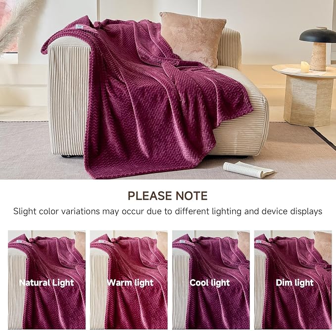 Simple&Opulence Wine Fleece Throw Blanket Lightweight Super Soft Cozy Flannel Blanket with Wave Textured for Sofa Couch Bedroom Decor Camping 50x60 Inches All Season Use（Wave Wine
