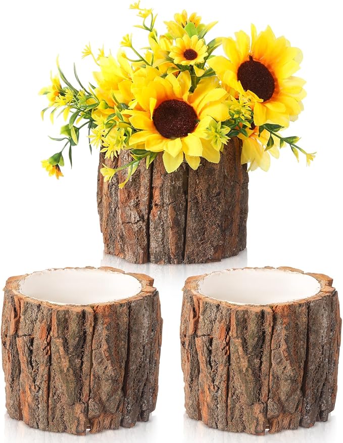 3 Pcs Wooden Vase for Centerpieces Wedding Flower Table Centerpieces Woodland Party Decor Rustic Farmhouse Bark Stump Buckets Vintage Planter Pots for Garden Baby Shower Window Home (Large)