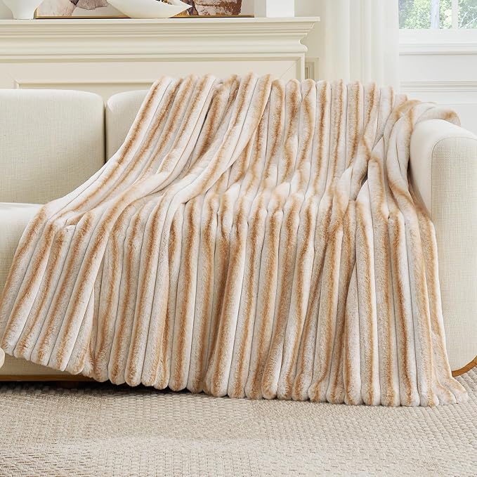 Cozy Bliss Faux Fur Throw Blanket for Couch, Cozy Warm Plush Striped Blanket for Sofa Bedroom Living Room,50 * 60 Inches Khaki