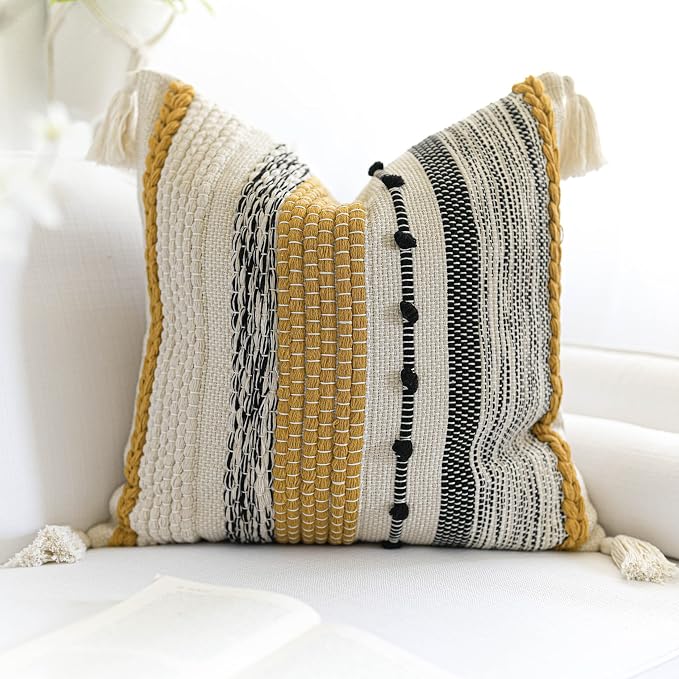 Yellow Mustard Decorative Throw Pillow Cover 20x20 Square Boho Accent Pillowcase Tassels Farmhouse Cushion for Couch Sofa Bedroom Living Room Home Décor Cover ONLY