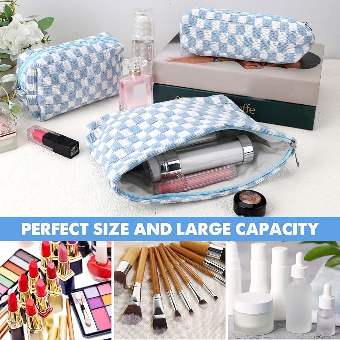 3 Pcs Makeup Bag Cosmetic Bag Set for Girls Women Checkered Travel Organizer Bathroom Toiletry Pouch Large Capacity Storage Bag (Blue-White)
