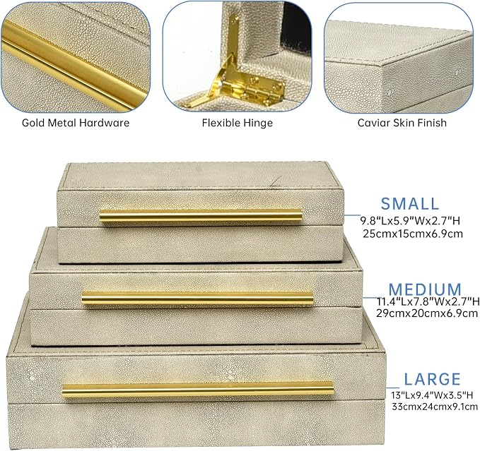 DECOR4SEASON Faux Shagreen Decorative Stackable Storage Boxes – Set of 3 | Jewelry Organizers with Gold Metal Handles & Velvet Lining, Modern Ivory White Box for Vanity, Entryway & Coffee Table Décor