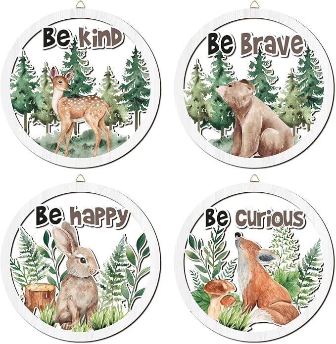 Woodland Nursery Wall Decor, Inspirational Girl Room Hanging Sign, 4 Pieces 10''x10'' Jungle Animals Wooden Decoration for Kids, Cartoon Fox Bear Art Sign for Teens Toddler Boy Baby Playroom