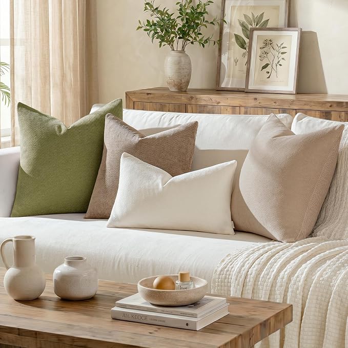 a moment Pack of 2 Decorative Chenille Throw Pillow Covers with Twill Cushion Covers for Sofa Living Room Couch Bed 22x22 Inch Beige