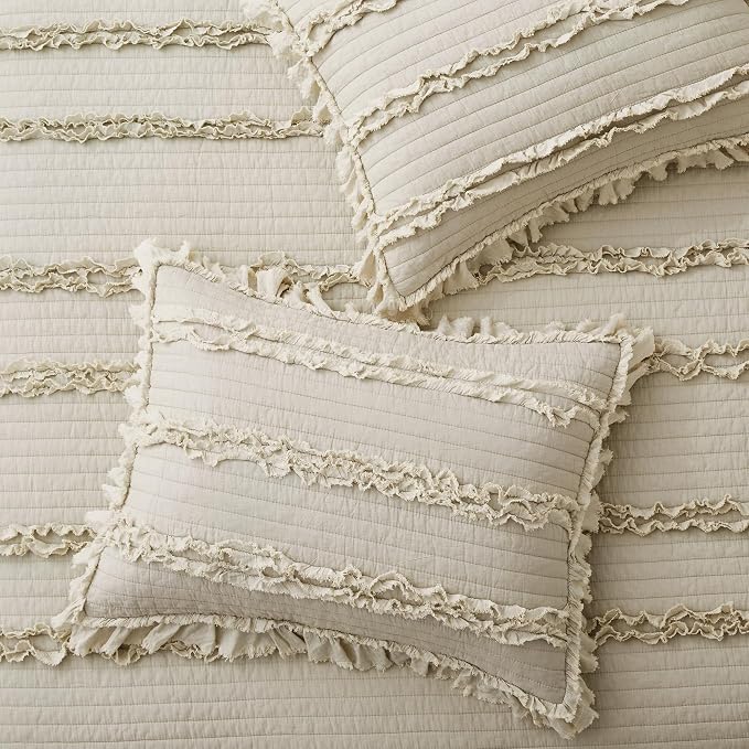 Ultra Soft Ruffle Fringed Quilt King Size,Shabby Chic Rustic Beige Bedding Set, Stone Washed Boho Decorative Quilt with 2 Pillow Shams for All Season