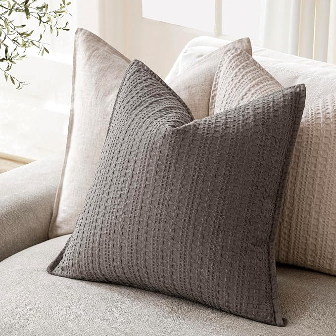 Foindtower Set of 2 Decorative Cotton Waffle Weave Throw Pillow Covers Euro Shams Cushion Covers Accent European Pillowcase for Bed Couch Sofa Bedroom Living Room Home Decor 22×22 Inch Taupe Gray