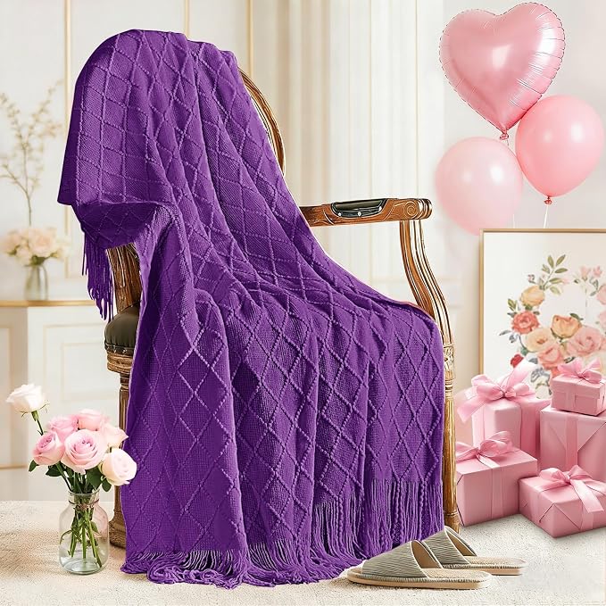 inhand Purple Knitted Throw Blanket for Couch and Bed, 60"x80" | Gifts for Mom from Daughter Son, Soft Lightweight with Tassels, Farmhouse Warm Decorative Blanket for Women, Cozy Knit