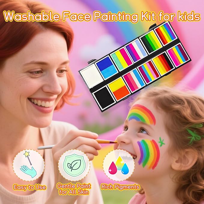 Face Painting Kit for Kids & Adults - 12x10g Non-Toxic Hypoallergenic Split Cake Face Paint Palette ,Water Activated Rainbow Face Paint with Stencils | Halloween, Christmas, Party Makeup