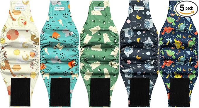 Langsprit Small Male Dog Diapers for Doggie Puppy,Reusable Belly Bands for Male Dogs Wraps,Washable Doggy Dog Diapers Medium Large in Incontinence 5 Pack (Cute Animals, Large)