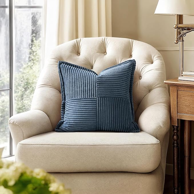 MIULEE Decorative Throw Pillow Covers for Couch 12x12 Inch Blue 2 Pack | Boho Broadside Striped Patchwork Pillow Covers, Soft Corduroy Cushion Cases, For Sofa Bed Livingroom Home Decor
