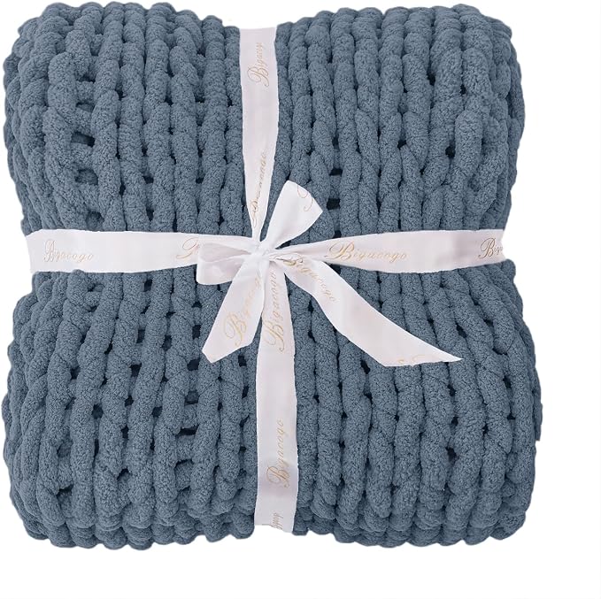 Bigacogo Chunky Knit Throw Blanket for Couch, 40x40 inches, Cold Sea Blue | Hand Knit with Jumbo Chenille, Soft Breathable Cable Knit for Sofa Bed Living Room, Machine Washable, Gift for Mom Friend