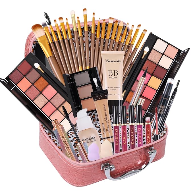 makeup sets for women,Professional Makeup Kit with Eyeshadow Palette,Brushes Set, Foundation, Lip Gloss, Travel Bag, Complete Beauty Set (Pink bag)
