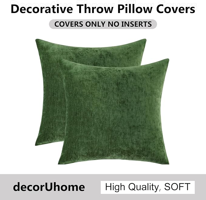 decorUhome Soft Chenille Moss Green Throw Pillow Covers 24X24 Set of 2 | Decorative Fall Couch Pillow Covers Solid Dyed Accent Modern Euro Sham Farmhouse Neutral Square Pillow Cases for Sofa