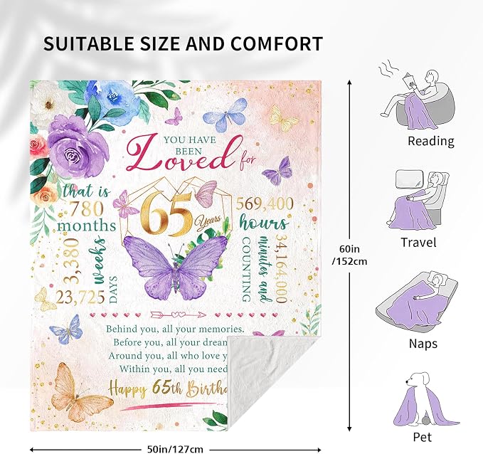 65th Birthday Gifts for Women, 65 Year Old Birthday Gifts for Women, Best Present for 65 Year Old Woman, 1961 Bday Present for Woman, 65th Bday Decorations for Female Throw Blanket 50"X60"