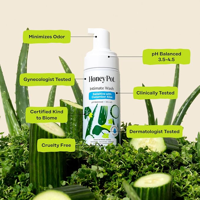 The Honey Pot Company - Feminine Wash - Sensitive w/Cucumber Aloe - pH Balanced, Herbal Infused Plant-Based Feminine Care for Sensitive Skin - Daily Intimate Cleanser for Women - 5.51 Fl Oz