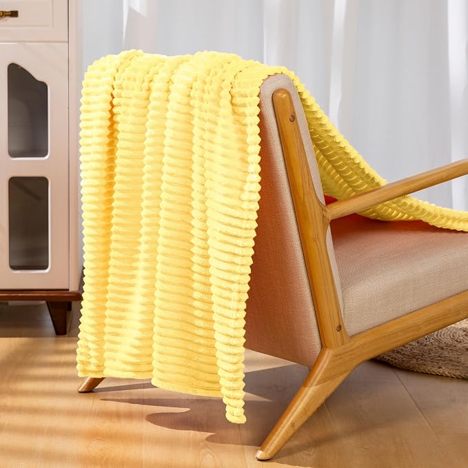 Vessia Flannel Fleece Throw Blanket, 300GSM Cozy Light Yellow Striped Throw Blanket for Couch, Sofa and Bed, Warm and Soft Cozy Pale Yellow Microfiber Ribbed Decor for All Season