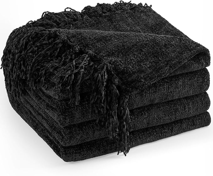 Chenille Throw Blanket for Couch 60" x 80" Twin, Black | Soft Cozy Luxury Throws with Fringe Tassel, Living Room Bed Sofa Chair Cover, Lightweight Knitted Boho Blankets Home Decor