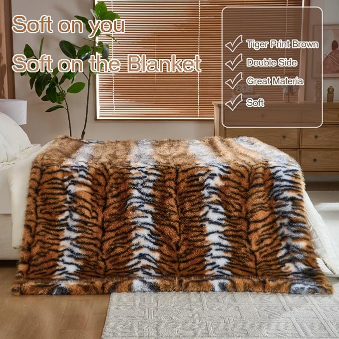 Luxury Fluffy Faux Fur Throw Blanket,Thick Fluffy Silky Fuzzy Cozy Blanket,Plush Blankets for Couch, Sofa, Chair, Bed-Tiger Print Brown-50 * 60inch