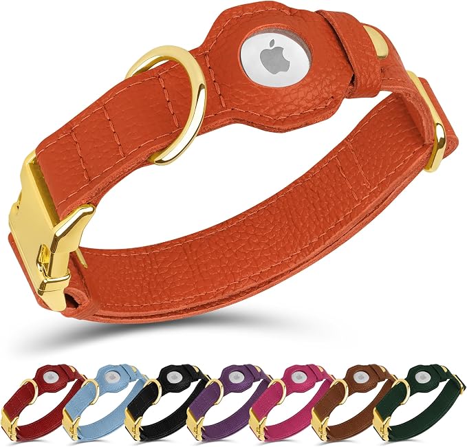Leather Airtag Dog Collar - Soft Tracking Dog Collar with Apple AirTag Holder and Metal Buckle - Safety GPS Pet Collars for Small Medium Large Dogs Puppy Pink Red (Orange, XS, 9"-12" Neck Fit)
