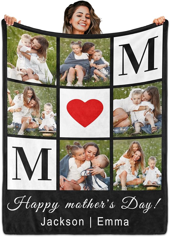Gifts for Mom Custom Blanket with 6 Photo & Text, Personalized Birthday Blanket with Picture for Mother, HD Printing Customized Flannel Throw Blanket Gifts for Best Mom Ever