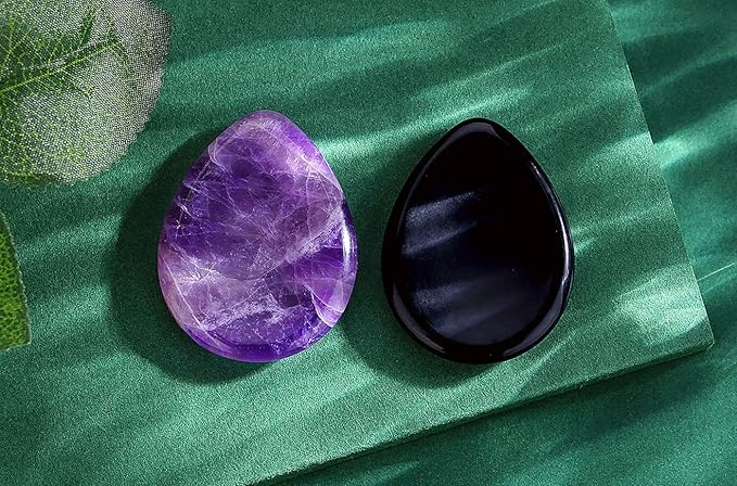 QINJIEJIE 2PCS Thumb Worry Stone Amethyst Obsidian Healing Crystals Hand Carved Stones Pocket Gemstones Sets Meditation Crystal Reiki Relax Palm Stone for Anxiety Therapy Relief