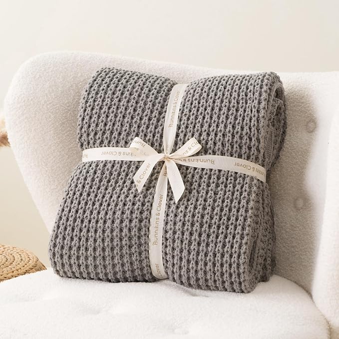 Grey Throw Blanket for Couch, Soft Knitted Chenille Throw Blanket 50"x60" | Chunky Waffle Knit Throw Blanket, Light Gray Throw Blanket for Bed Sofa Living Room, Modern Farmhouse Knitted Style