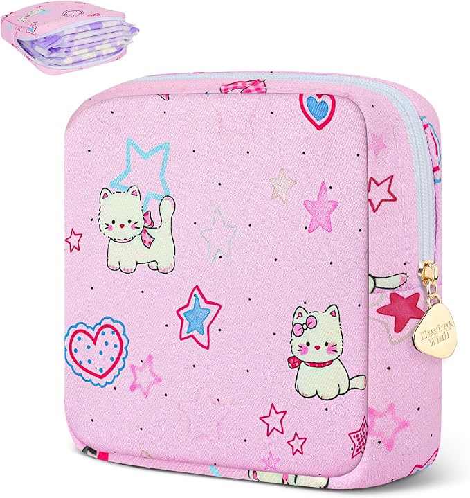 Sanitary Pad Storage Bag Portable Period Bag for Teen Pads/Sanitary Napkins/Small Tampons, Sanitary Napkin Storage Bag First Period Gifts for Teen Girls (Bowknot Star Cats)