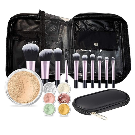 19 pc STARTER KIT w/BRUSHES & CASE (WARM Neutral Shade-Most Popular) Mineral Makeup Foundation Blush Bronzer Illuminating Veil Set Bare Skin Matte Powder