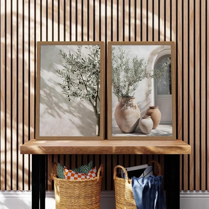 Mediterranean Wall Art Set of 2, Olive Tree & Pottery Framed Prints | Neutral Botanical Mediterranean Painting, Framed Picture Wall Decor for Living Room Bedroom Office 16x24 Inch