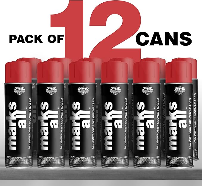 Fox Valley 18oz Marks All Solvent-Based Marking Paint Spray, 12-Pack Red APWA – Long-Lasting, Weather-Resistant Spray Paint for Wet or Dry Surfaces Like Metal, Grass, Concrete, Wood, & More
