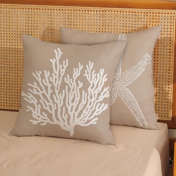 Coastal Pillow Covers 20x20 Inch Set of 2 Brown Tan Coral Starfish Throw Pillows Summer Nautical Beach Ocean Decorations Linen Pillowcase Outdoor Decor Farmhouse Cushion Case for Home Bedroom