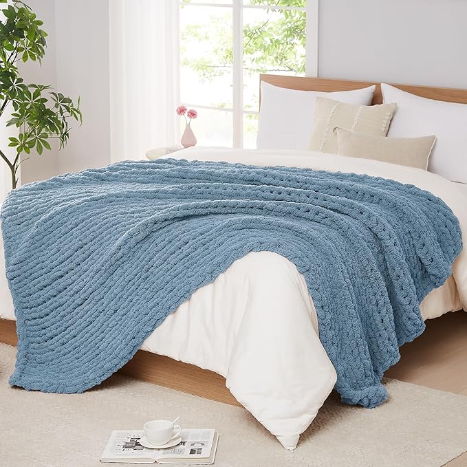 L'AGRATY Chunky Knit Throw Blanket for Couch, 50 x 60 Inches, Airy Blue | Handmade Chenille Crochet Blanket for Sofa Bed, Thick Cable Knitted Blankets for Room Home Decor, Birthday Gift for Women Mom