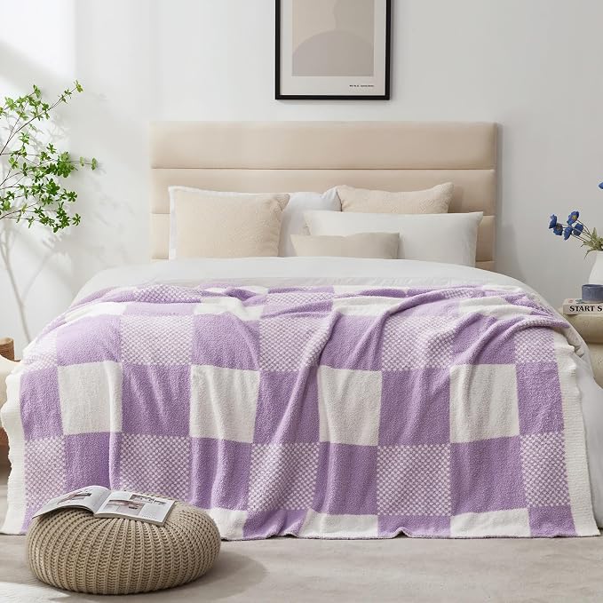 Snuggle Sac Checkered Blanket, Lilac Purple Throw Blanket for Couch Plaid Microfiber Fluffy Warm Cozy Fuzzy Soft Throw Blanket Reversible Checkered Blankets for Sofa, Bed, 60x80 inches