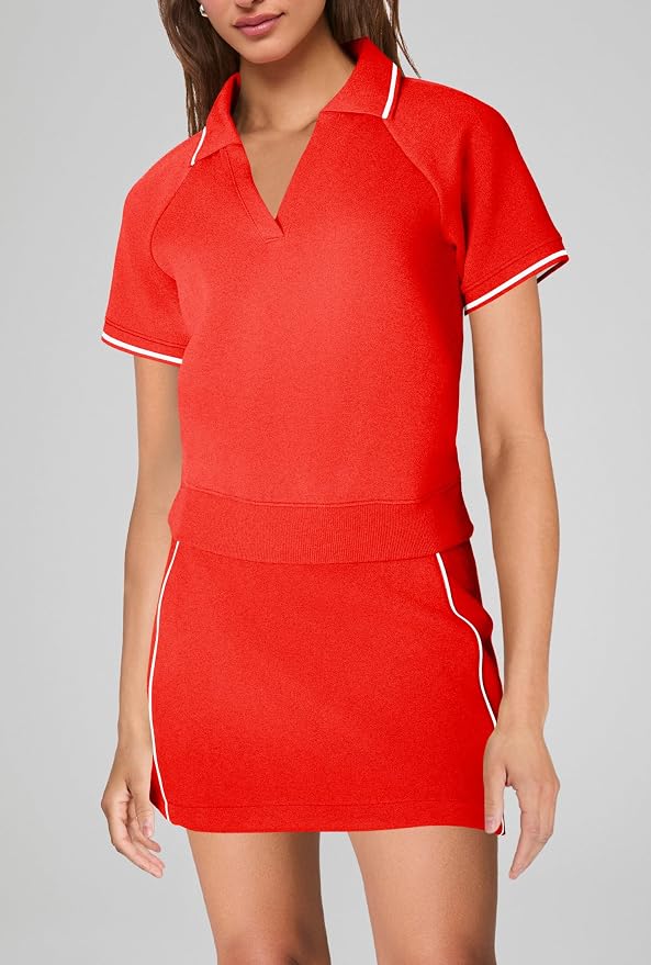Womens Workout Sets 2 Piece Outfits V Neck Short Sleeve Polo Shirt and Tennis Skort Set with Pockets
