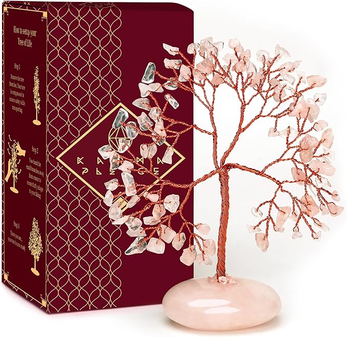 Rose Quartz Crystal Tree of Life Birthday Gifts for Women Mom Sister Friends, Feng Shui Chakra Tree for Positive Energy, Good Luck, Money, Reiki Healing, Aesthetic Home Office Desk Room Table Decor