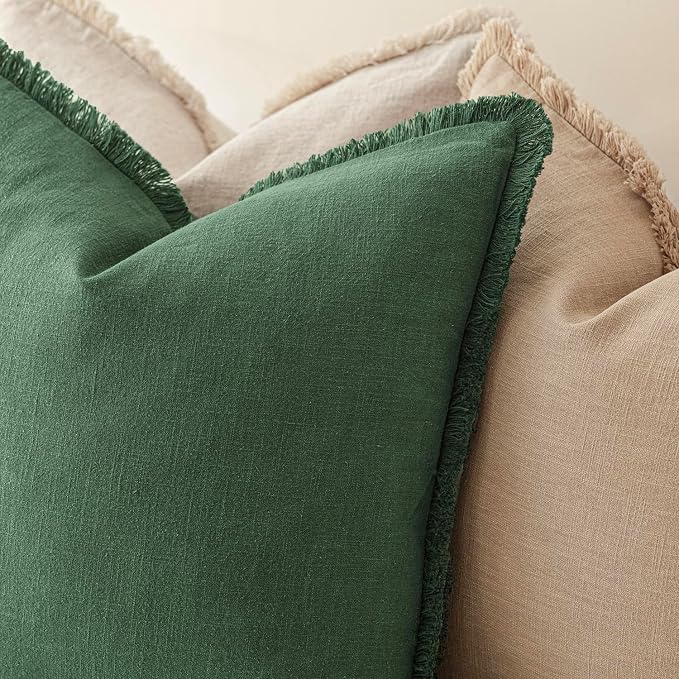 Foindtower Set of 2 Decorative Linen Fringe Throw Pillow Covers Cozy Boho Farmhouse Cushion Cover with Tassels Soft Accent Pillowcase for Couch Sofa Bed Living Room Home Decor, 24×24 Inch, Pine Green