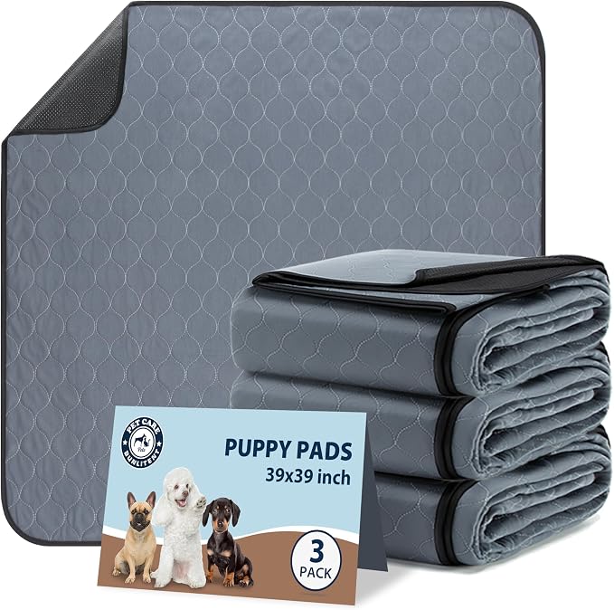 Bunlitent Washable Pee Pads 39" x 39", 3 Pack, Grey, Whelping pad | Reusable, Fast Absorbent, Waterproof, Anti-Slip, For Whelping, Training, Incontinence & Potty, For Dog Playpen, Crate, Car