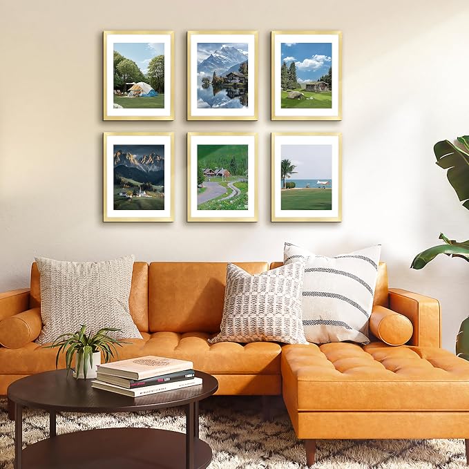 11x14 Picture Frame Set of 2, Photo Frame with HD Plexiglass, Display Pictures 8x10 with Mat or 11x14 Without Mat, Gold Picture Frames Collage Wall Decor, Gallery Wall Frame
