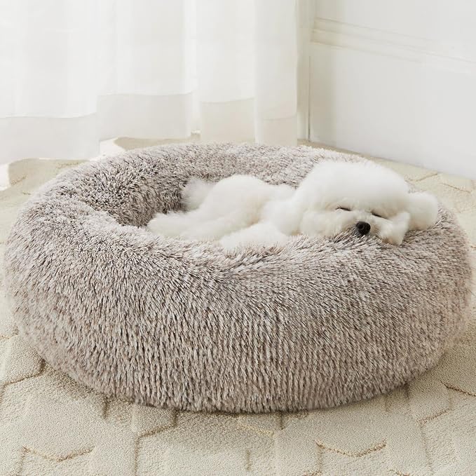 WNPETHOME Medium Round Calming Dog Bed Cat Bed for Comfy Sleep | Dog Bed For Medium Dog, Cute Washable Puppy Bed with Cozy Plush, Fur Anxiety Pet Bed Donut Cuddler (27x27x10In, Light Coffee)