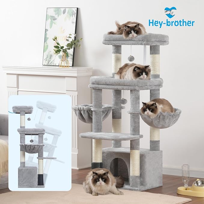 Hey-brother Cat Tree Tower with Extra Large Platform, Big Condo, MPJ070W | 51.1 Inches Scratching Posts with 2 Cozy Hammocks, Self-Grooming Brush for Indoor Adult Cats, Maine Coon, Light Gray