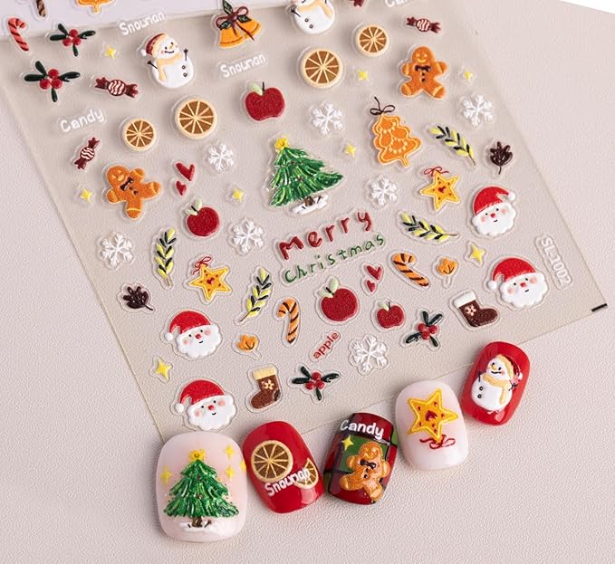Christmas Nail Stickers for Nail Art, 5D Embossed Self-Adhesive Star Trees Socks Nail Decals, Mushroom Nail Supplies Nail Art Design Accessories for Women and Girls Manicure DIY Decoration