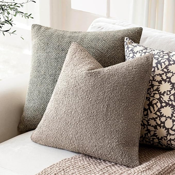 Foindtower Pack of 2, Decorative Textured Boucle Throw Pillow Covers Modern Accent Solid Pillow Cases Cozy Soft Couch Cushion Case for Chair Sofa Bedroom Living Room Home Decor 22x22 Inch Light Taupe