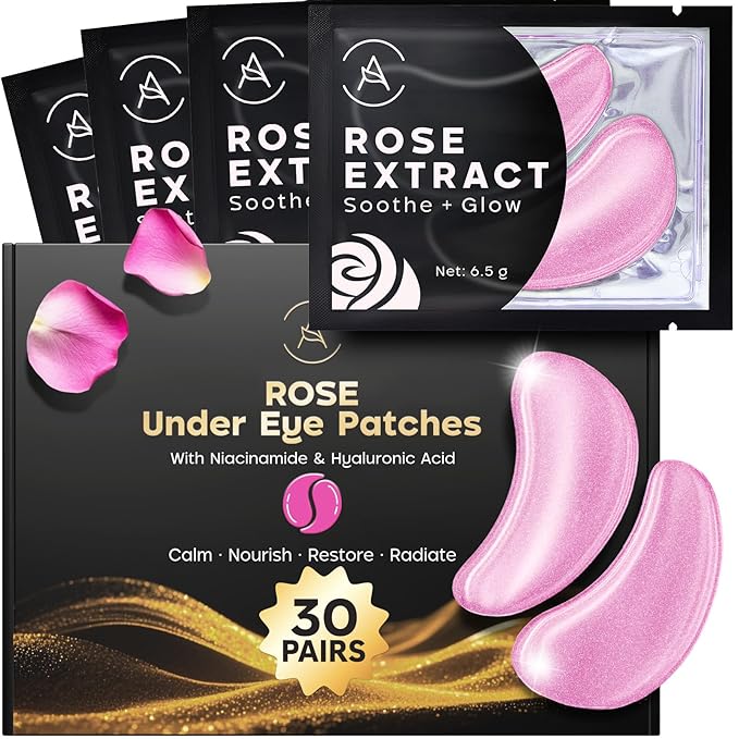 AURAE Rose Under Eye Patches (30 Pairs) - Under Eye Mask for Appearance of Dark Circles - For Puffy Eyes Smoothing - Skincare Mask