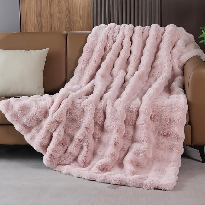 Pink Fluffy Faux Fur Throw Blanket for Bed Couch Living Room Fuzzy Bubble Cozy 50x60 Decorative Throw Blanket Rabbit Fur Bunny Blanket Home Decor 860 GSM