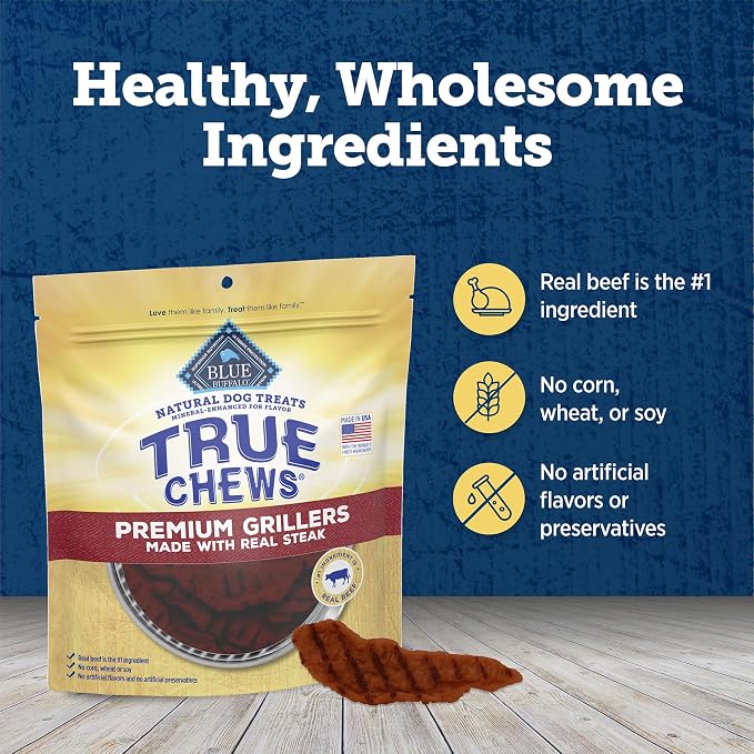 Blue Buffalo True Chews Premium Grillers Steak Dog Treats, 20 oz | Real Beef First, Charred Grilled Texture, No Chicken By-Product, Corn, Wheat, or Soy