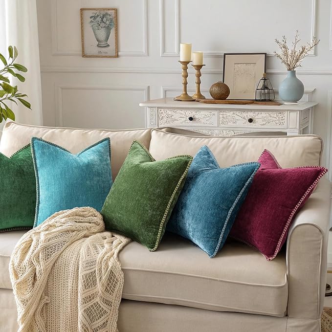 decorUhome Soft Chenille Throw Pillow Covers 26x26 Set of 2 Teal | Fall Textured Decorative Throw Pillow Cases Stitched Edge Modern Farmhouse Luxury Boho Velvet for Couch Sofa Bed Home Decor