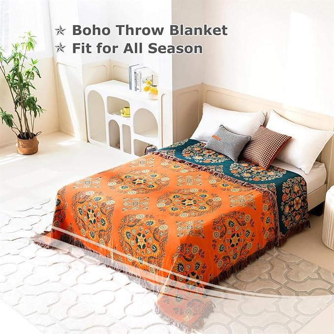 LUTBM Boho Throw Blanket for Bed 60"x80", 100% Cotton Orange Couch Blankets | Soft Reversible Floral Jacquard, All-Season, Twin Quilt for Chair Sofa Living Room, Lightweight & Breathable, Home Decor Gift