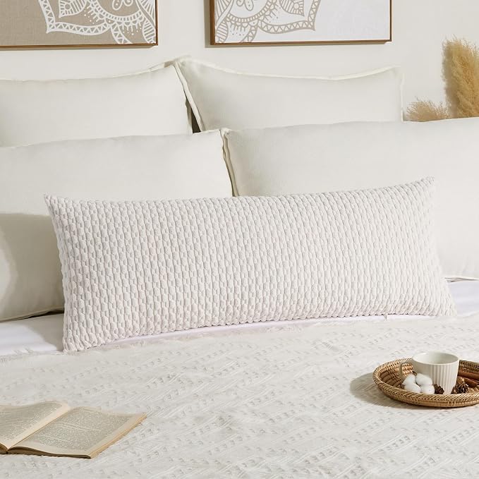 Kevin Textile Soft Corduroy 20"x54" Body Pillow Cover 1 Pack, Pure White | Boho Stripe Plush Corduroy Decorative Oblong Cushion Cover Modern Farmhouse Home Decor for Sofa Couch Bed Chair