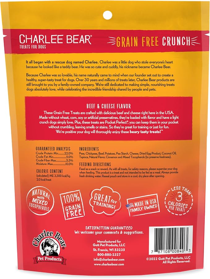 Charlee Bear Grain Free Dog Treats, Beef & Cheese, 8 oz | Pocket-sized Dog Training Treats, Crunchy Dog Treats, Limited Ingredient Recipe, Under 3 Calories per Treat, Made in USA